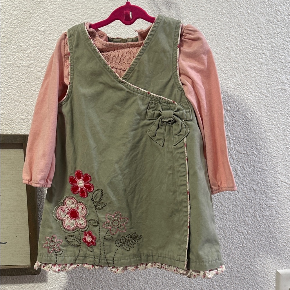 Floral Embroidered Green and Pink Dress